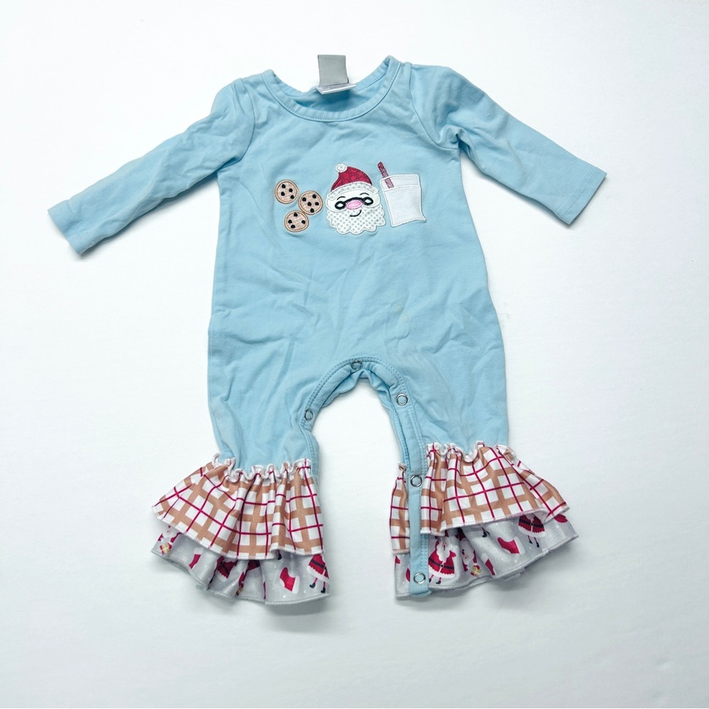 Dash of Glitter Blue Santa Christmas Ruffle One Piece Romper Milk and Cookies